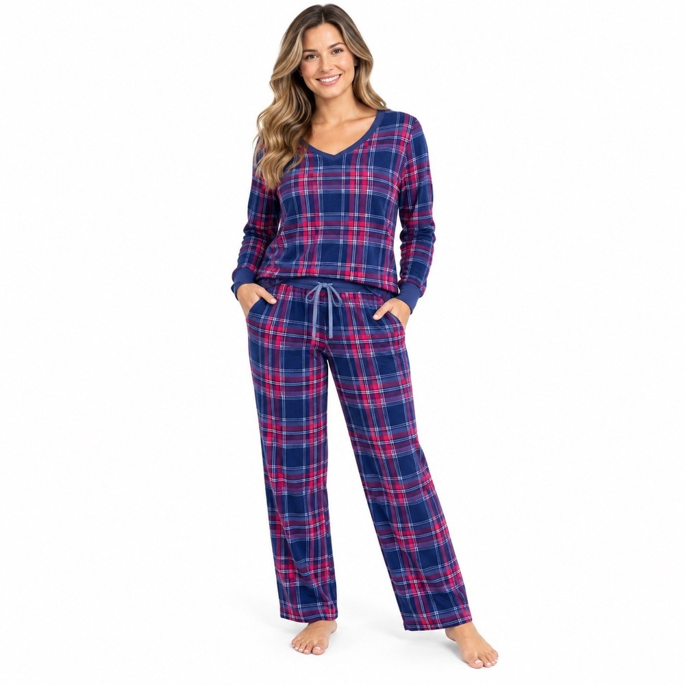 Nautica Womens Pajama Set Medium Blue Red Plaid Velour Long Sleeve 2 Piece PJ